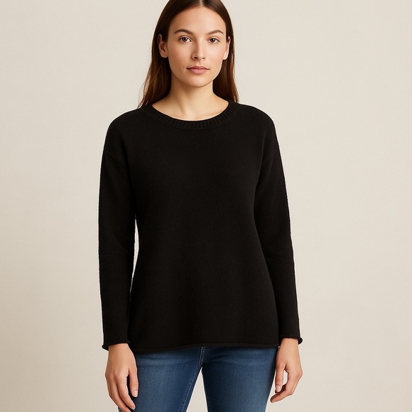 Eileen Fisher Black Organic Cotton Blend Sweater Rolled Hem Italian Yarn Size M